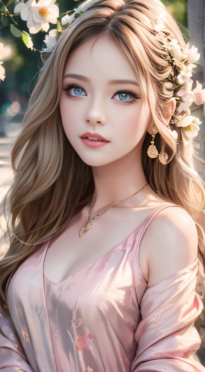 best qualtiy，tmasterpiece，hight resolution，1girll，dingdall effect，realisticlying，edge lit，two tone lighting，（highdetailskin：1.2），8K UHD，pure，Dolce，flowers background，Colorful background，Based on physical rendering，Perfect Light and Shadow，extreme hight detail，Pink tones，eye reflections，Raised sexy，perfect bodies，Superb Beauty，largeeyes，long eyelasher，Delicate eyes，big shiny eyes，Small pupillary reflex，Shoulder and neck details，The texture of the pupil is delicate，Perfect eyes，black pupils，best qualtiy，tmasterpiece，16 K，a picture，head portrait，Bigchest，long-sleeve，Take care of your chest，Large breasts，Delicate avatars