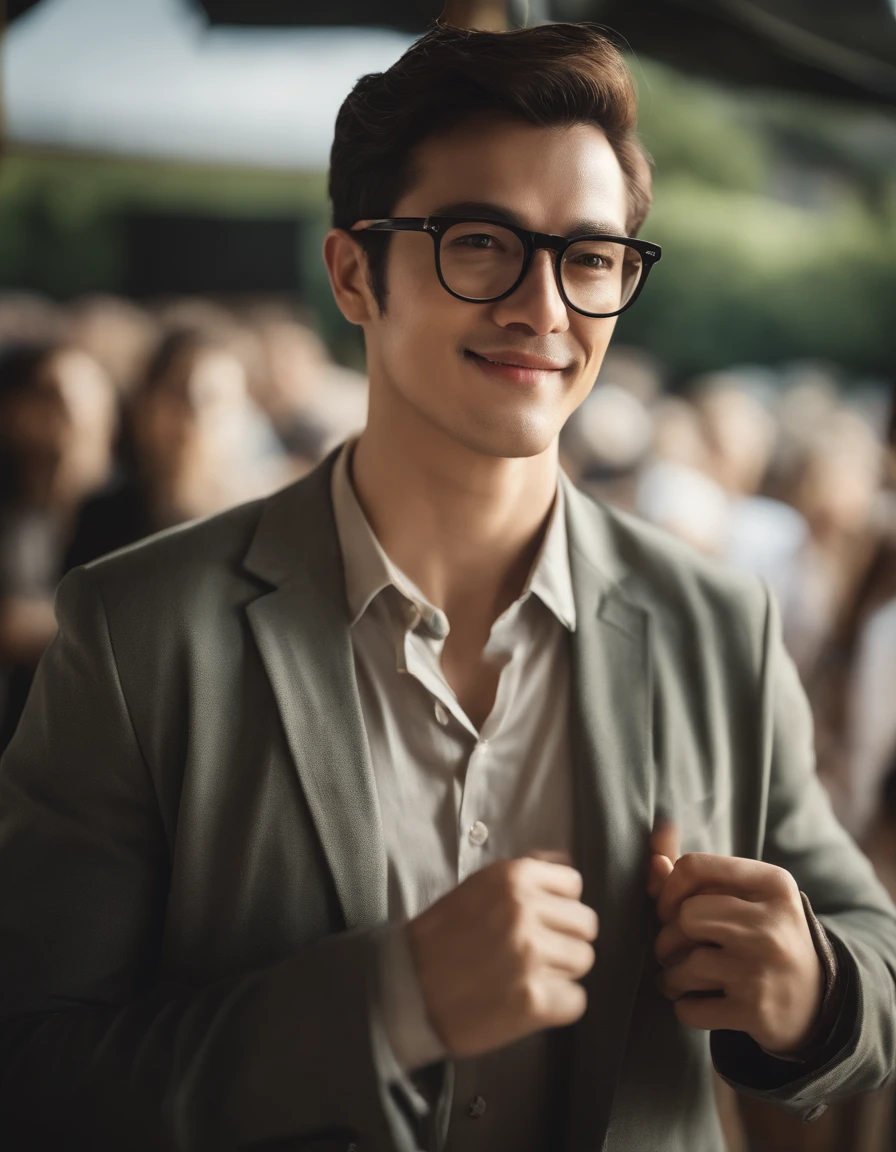 physician、male people、age 30s、Facing the front、masculinity、twinks、faces、Black-rimmed glasses、Healthy、Smiling Movie Portrait, ((Upper body)), Facing the audience, (reality :1.3), The most beautiful artwork photos in the world, Man looks at camera, Detailed beautiful face, action SHOT, (Convoluted :1.4), photos realistic, In the daytime, nffsw, art stand