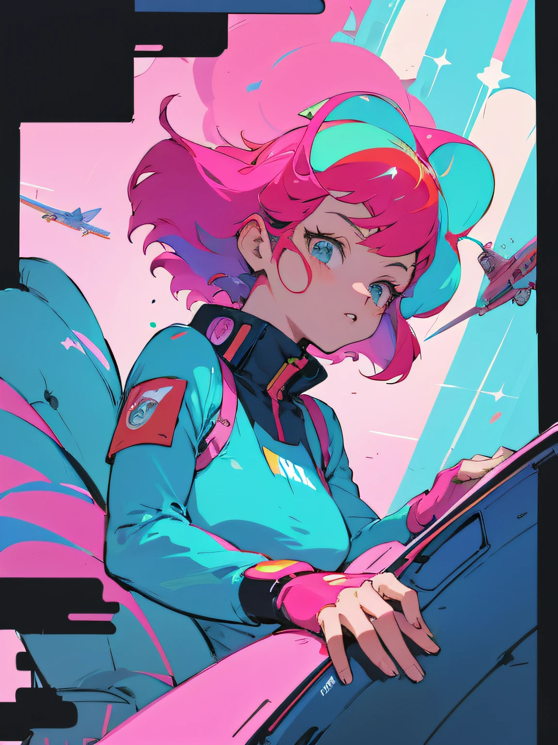 Anime character flying an airplane in a spacesuit, portrait anime space cadet girl, pilot girl, cute pilot girl, lofi-girl, akira art style, style of macross, akira style illustration, style of akira motion movie, mcross, akira vibes, inspired by Josan Gonzalez, Lofi art, 8 0 s anime art style, Praise Artstyle