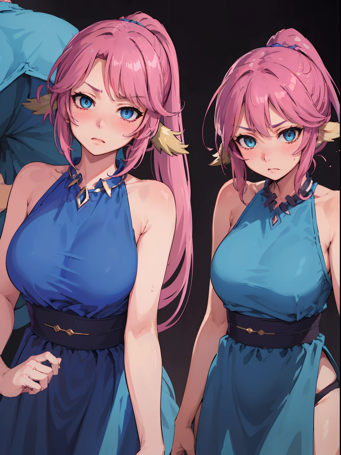 Jibril, ((upper body)), blushed, perfect anatomy, detailed eyes, detailed lips, extremely detailed eyes and face, vivid colors, sharp focus, masterpiece:1.2, ultra-detailed, blushed, ((doggystyle)), (solo), ((blue dress)), sleeveless, (ponytail), (((disdain, disgus, charecter sheet))), looking at viewer, perfect anatomy