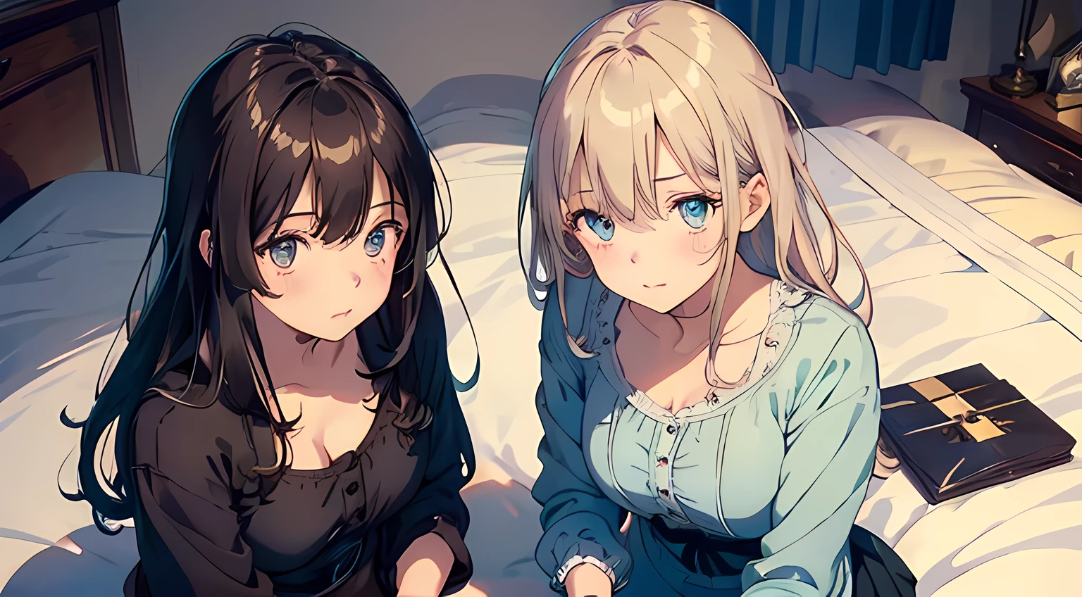 2 girls, (beautiful eyes finely detailed, detailed face, different hair lengths, different hair colors, different eye colors, different style clothes), sit on the other girl, teasing each other, full body, teasing facial expression, looking at the camera, blush on their face, bedroom, master piece, noon time, top-quiality, detailed, High Resolution anime illustration