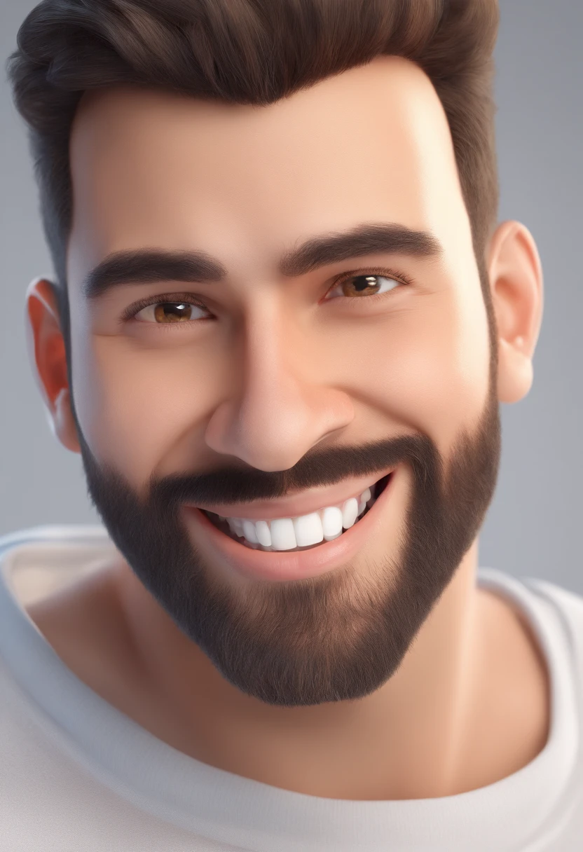 Illustration of a smiling man, Sorriso doentio, Homem moreno com um grande sorriso, smiling happily at camera, sorriso atrevido, is to smile, Um sorriso muito largo, homem sorridente, Foto de perfil para Headshot, Rindo Grande Sorriso, desenho no estilo de arte 3D, c4d, Cor de fundo branco puro, estilo disney, Pixar Style Illustration Rendering Super Detail, 8k