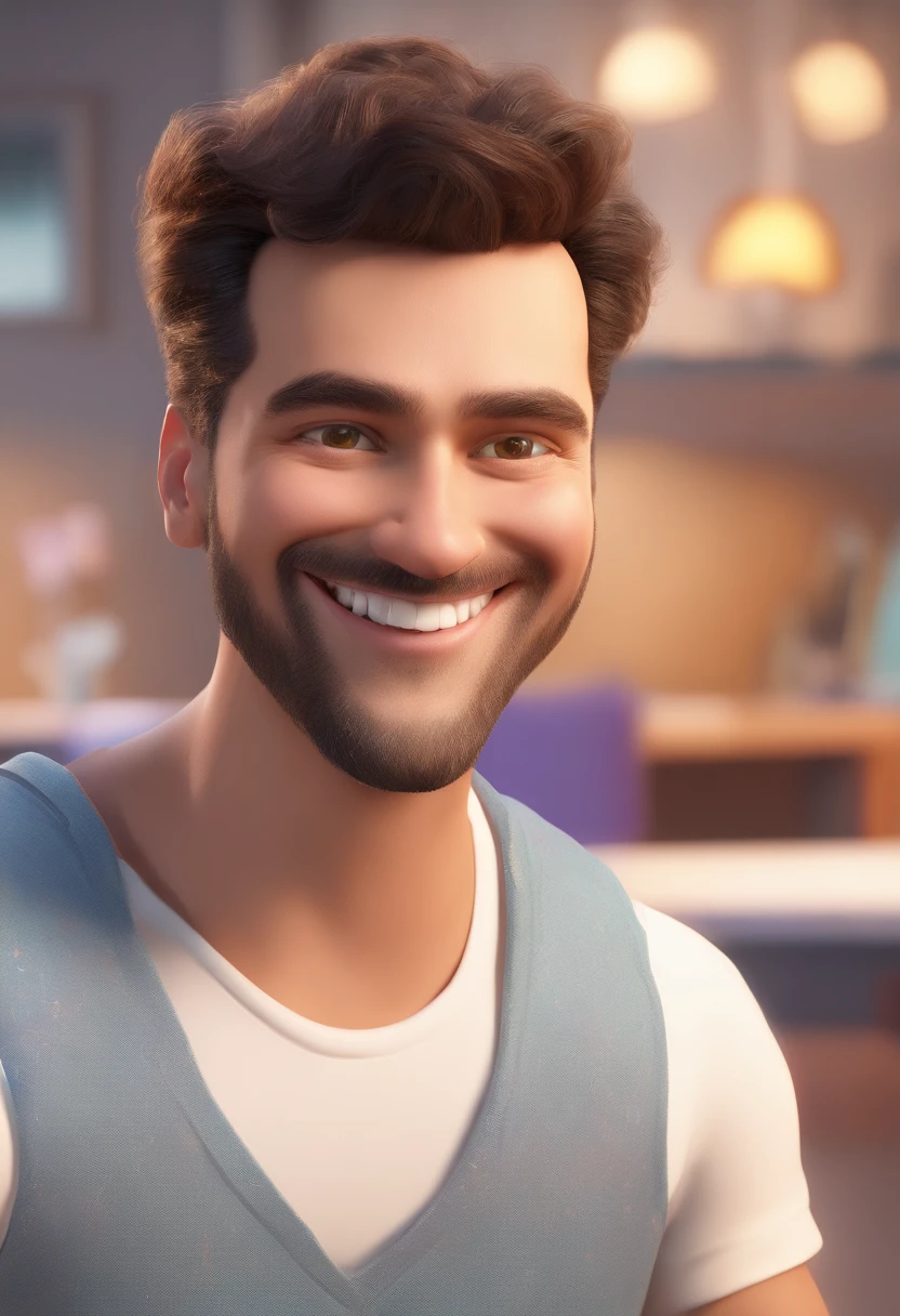 Illustration of a smiling man, Sorriso doentio, Homem moreno com um grande sorriso, smiling happily at camera, sorriso atrevido, is to smile, Um sorriso muito largo, homem sorridente, Foto de perfil para Headshot, Rindo Grande Sorriso, desenho no estilo de arte 3D, c4d, Cor de fundo branco puro, estilo disney, Pixar Style Illustration Rendering Super Detail, 8k