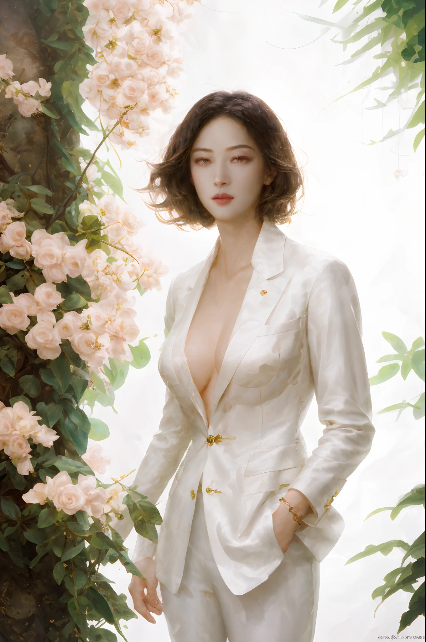 fully body photo,((pores)),fashion magazine,sophisticated haircut,ultrarealism oil painting,(Pure white parrot),white business suit,DEEP-V COLLAR,(Short-haired neutral woman),((a mature female)),Pink big breasts,Plant cover background,The style of artist Bruce Zheng,shinny hair,cowboy lens,art-deco,Verism,blooms,Award-Awarded,retinas
