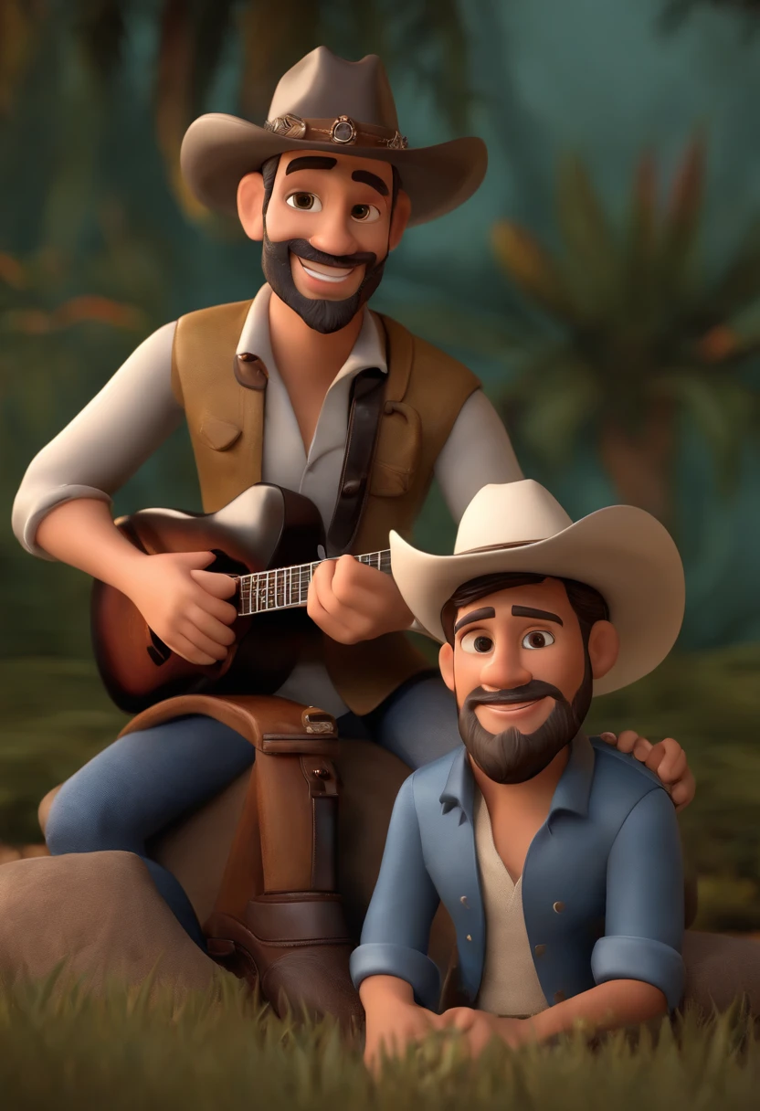 Imagem estilo Pixar com 2 personagens 3D masculinos,um deles a esquerda da foto com um chapeu branco e barba preta, e outro a direita da foto,cordinho de oculos escuro,With cowboy outfit and guitar in hand