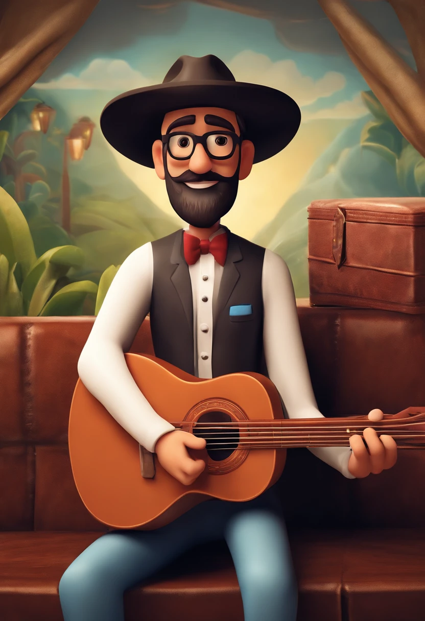 Imagem estilo Pixar com 2 personagens 3D masculinos,um deles a esquerda da foto com um chapeu branco e barba preta, e outro a direita da foto,cordinho de oculos escuro,With cowboy outfit and guitar in hand