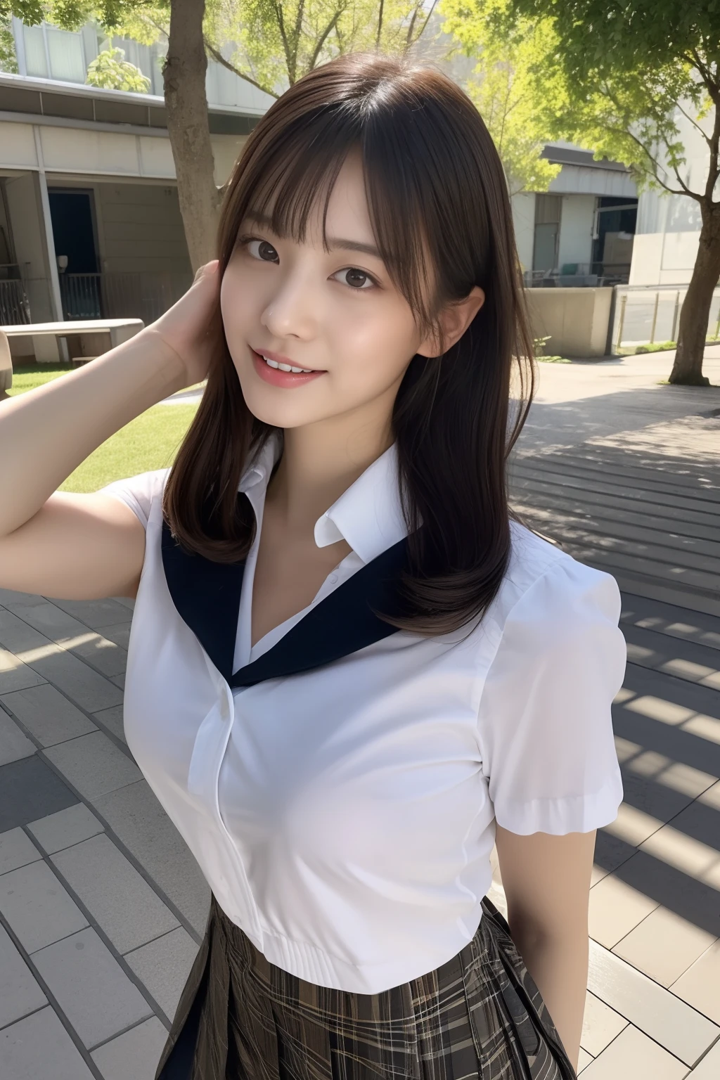ultra-definition、realisitic、((a 18 year old girl))、(kawaii)、with round face、Beautiful skin、Beautiful wavy hair、Inviting look、blush、in school uniform、White Y-shirt、Blue pleated skirt、Red tie、(Perfect body)、acurate、realisticlying、A slender、slender constriction、((Colossal tits:1.2))、((cleavage))、brightened light、Full body shot、flower field