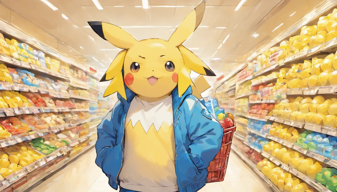Pokémon: Pikachu wears a white shirt, blue jacket, There are also blue jeans and white sneakers，Take the shopping basket to the supermarket