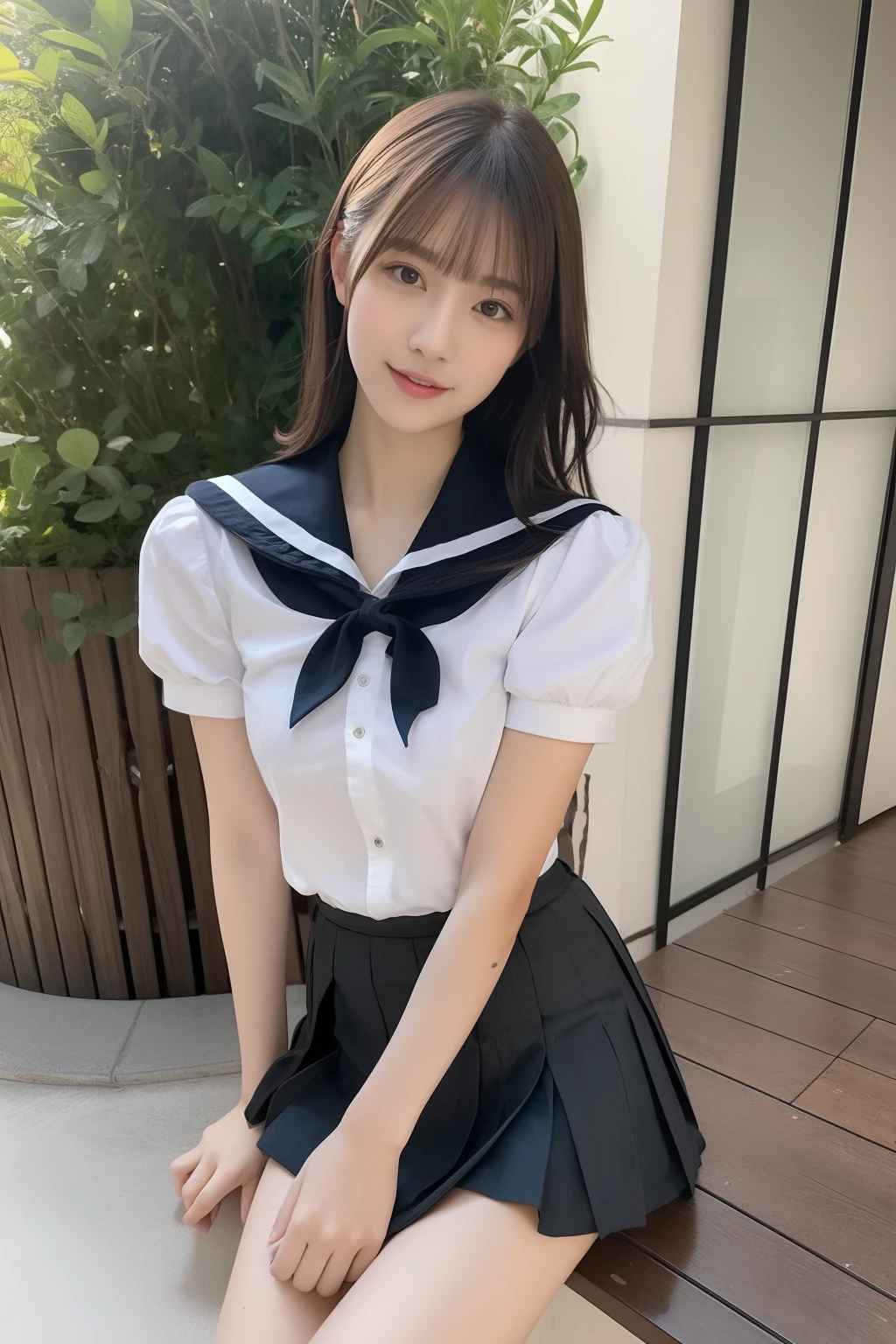 top-quality,ultra-detailliert,​masterpiece,realisitic,Photo Real,Bright lighting,1 girl in, an extremely beautiful 17-year-old girl, (kawaii:1.2),Thin smile, (Brown eyes),(brown haired),(bangss),perfect glossy skin,flawless skin,((erotick,Sexy and sexually explicit)),((accurate hands without incongruity)), large full breasts,big breasts thin waist, Look at viewers,((a sailor suit)),((Short sleeve uniform white shirt)),(red necktie),(Blue Mini Pleated Skirt),(((skirt lift by yourself))),(lifted by self),(Showing panties),panties on,panties focus,((Sit up,spread legswide)), sockes, (Black knee socks),(Loafer shoes), during daytime,On the train,Horizontal long seat with your back to the window