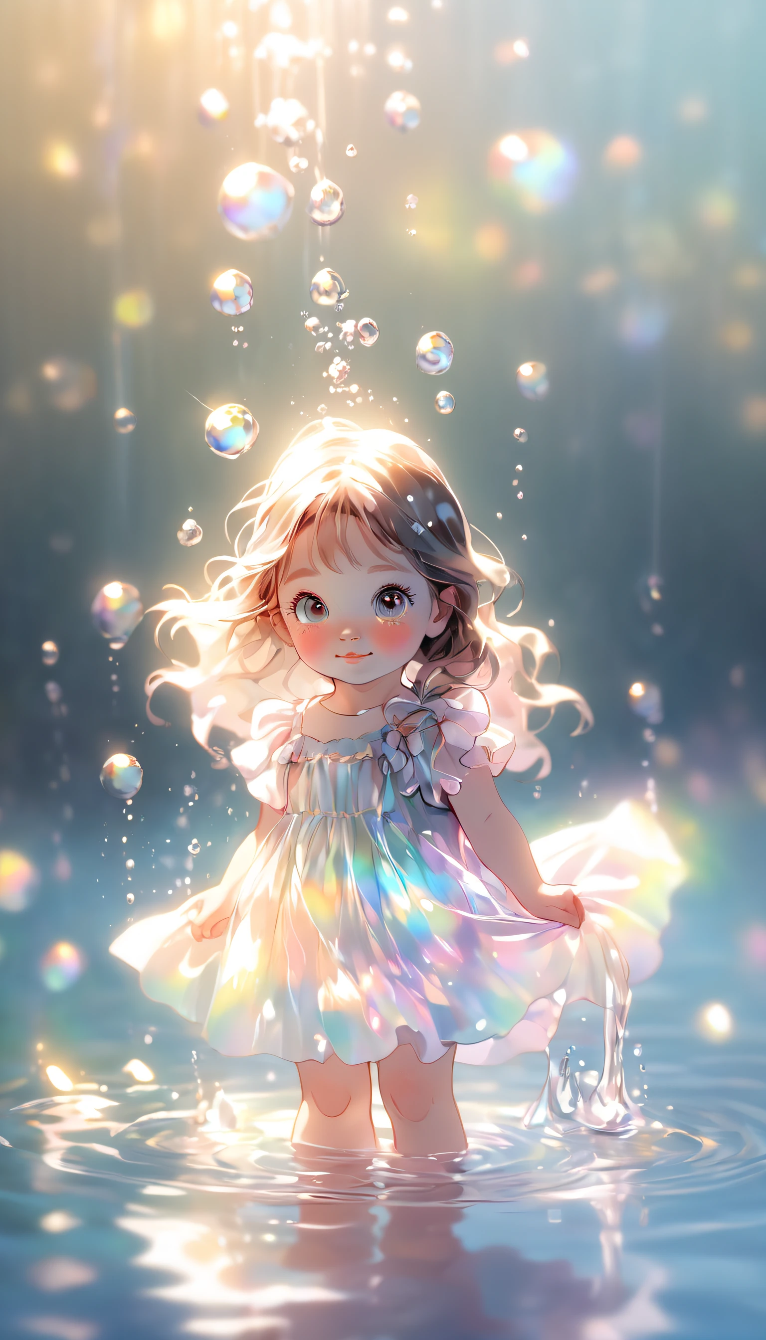 Little girl in the water, fantasticcolors, Close-up, Light is refracted into water, reflections transparent iridescent colors,gentle illumination/ Soft lights, High detail, Ultra-high definition,