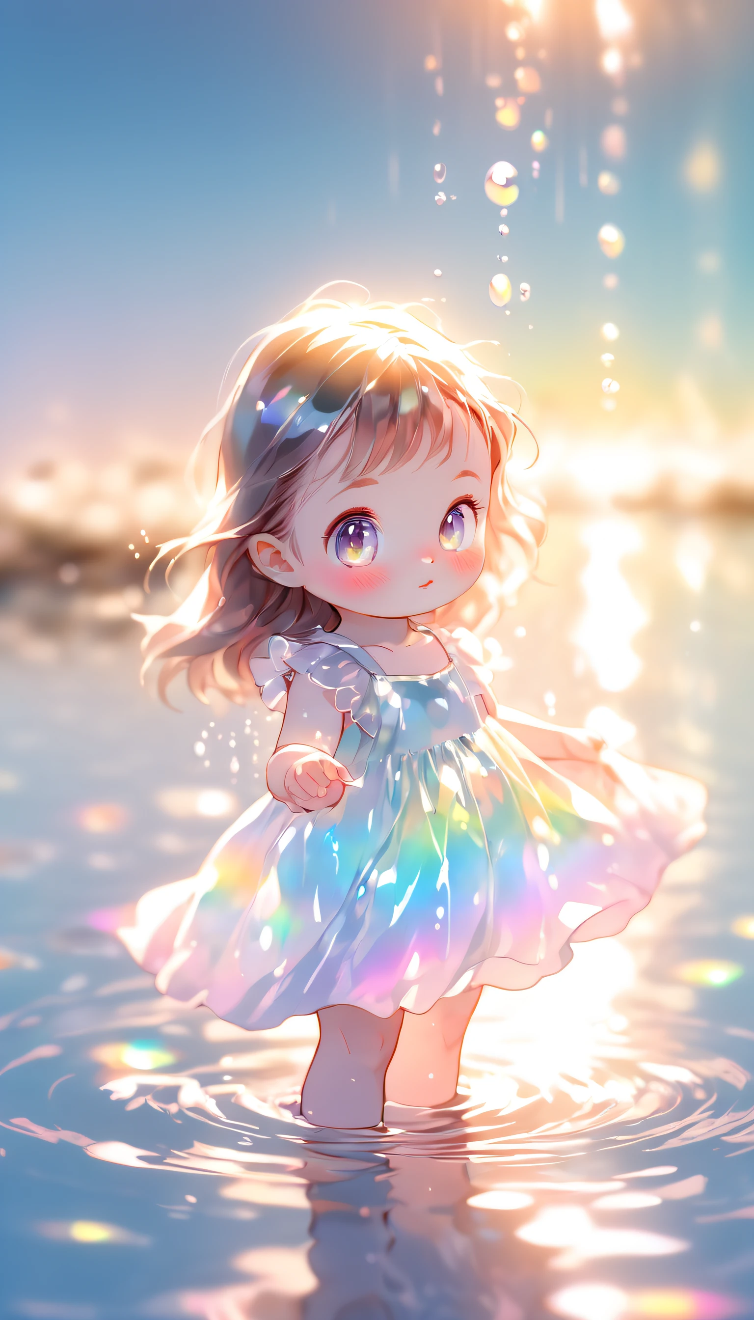 Little girl in the water, fantasticcolors, Close-up, Light is refracted into water, reflections transparent iridescent colors,gentle illumination/ Soft lights, High detail, Ultra-high definition,