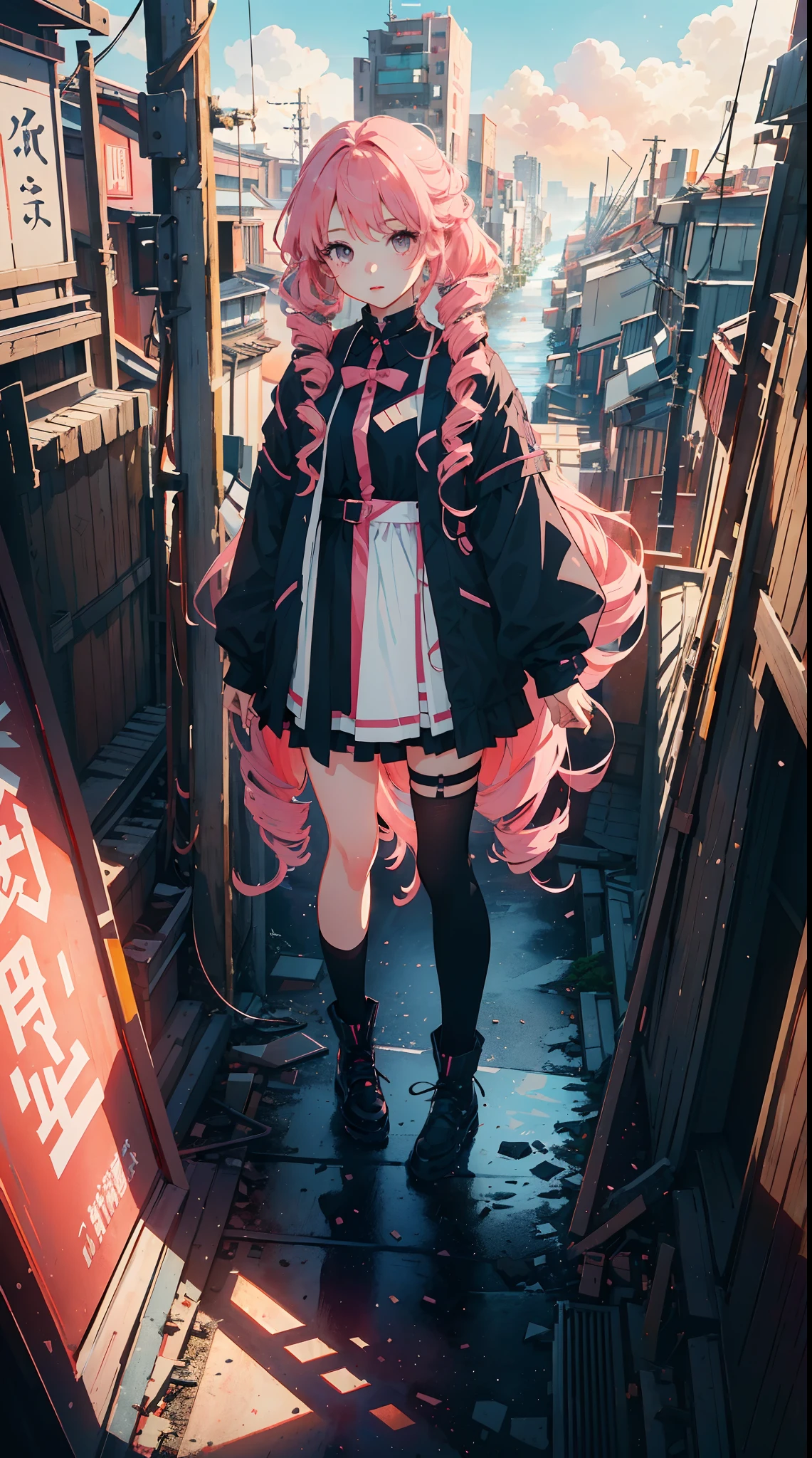 (masterpiece, concept art, highly detailed), shot from above, giant, 1girl, ****, cute, pink hair, long drill hair, cute goth outfit, fair skin, standing, (miniature Tokyo metropolis background), (epic composition, epic proportion), volumetric lighting, panoramic, atmospheric, vibrant color, HD