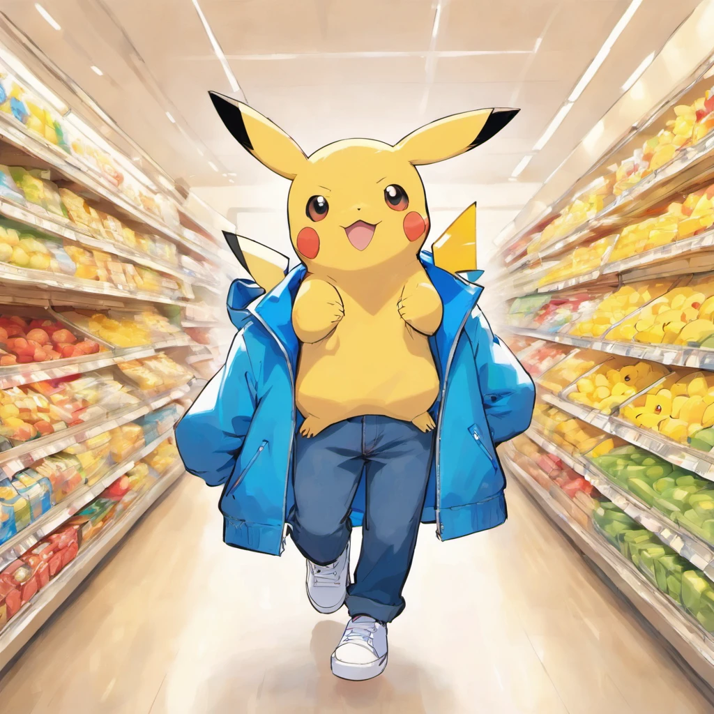 Pokémon: Pikachu wears a white shirt, blue jacket, There are also blue jeans and white sneakers，Take the shopping basket to the supermarket