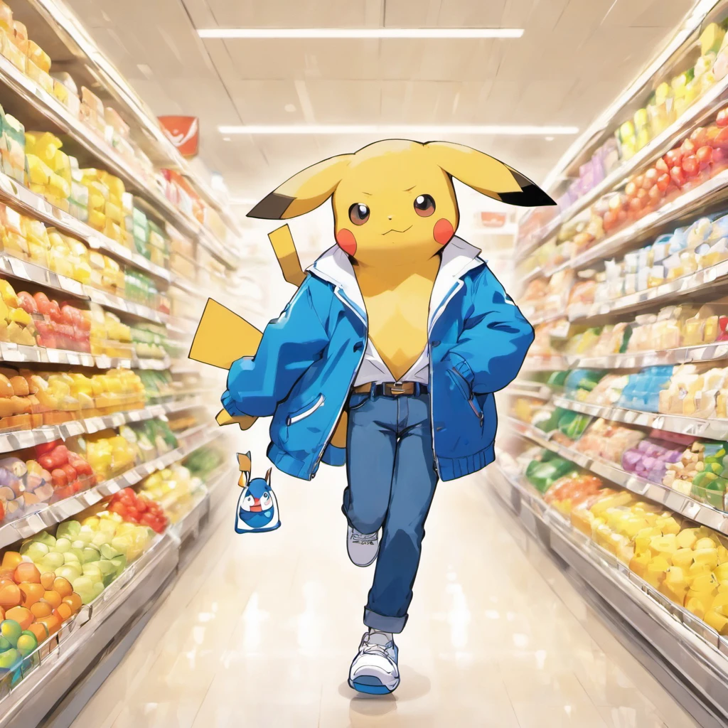 Pokémon: Pikachu wears a white shirt, blue jacket, There are also blue jeans and white sneakers,Take the shopping basket to the supermarket