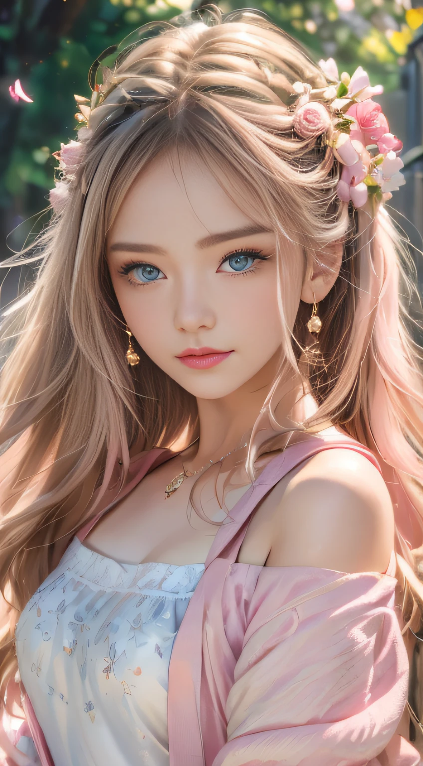 best qualtiy,tmasterpiece,hight resolution,1girll,lifelike face,dingdall effect,realisticlying,edge lit,two tone lighting,(highdetailskin:1.2),8K UHD,pure,Dolce,flowers background,Colorful background,Based on physical rendering,Perfect Light and Shadow,extreme hight detail,Pink tones,eye reflections,Raised sexy,perfect bodies,Superb Beauty,largeeyes,long eyelasher,Delicate eyes,big shiny eyes,Small pupillary reflex,Shoulder and neck details,The texture of the pupil is delicate,Perfect eyes,black pupils,best qualtiy,tmasterpiece,16 K,a picture,head portrait,Bigchest,long-sleeve,Take care of your chest,Large breasts,Delicate avatars