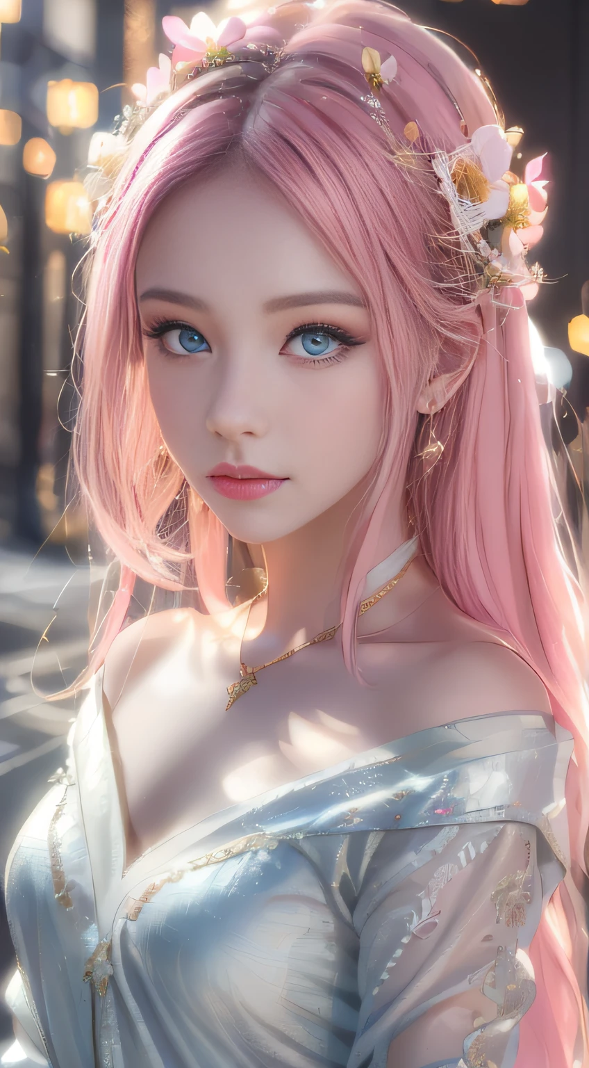 best qualtiy,tmasterpiece,hight resolution,1girll,dingdall effect,realisticlying,edge lit,two tone lighting,(highdetailskin:1.2),8K UHD,pure,Dolce,flowers background,Colorful background,Based on physical rendering,Perfect Light and Shadow,extreme hight detail,Pink tones,eye reflections,Raised sexy,perfect bodies,Superb Beauty,largeeyes,long eyelasher,Delicate eyes,big shiny eyes,Small pupil reflex,Shoulder and neck details,The texture of the pupil is delicate,Perfect eyes,black pupils,best qualtiy,A pink-haired、tmasterpiece,16 K,a picture,head portrait,Bigchest,long-sleeve,Take care of your chest,Large breasts,Delicate avatars