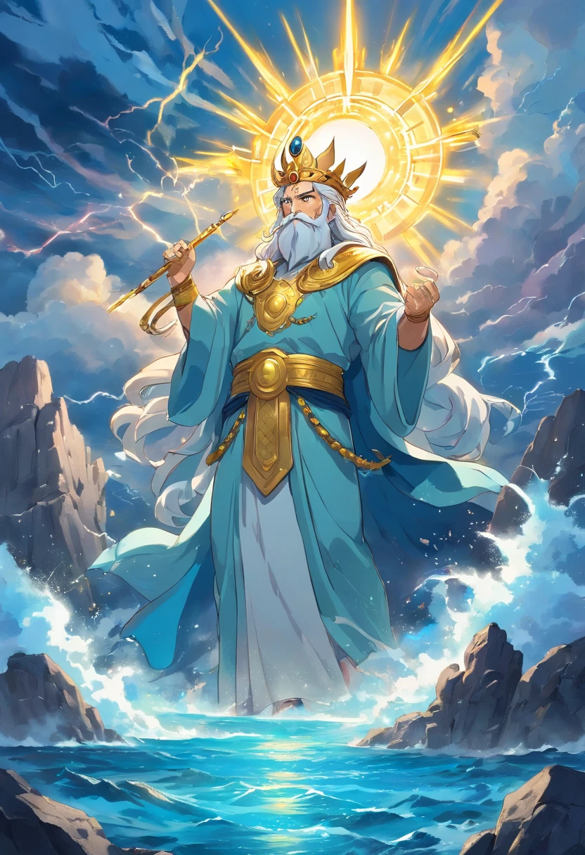 best qualtiy，hyper-detailing，realisticlying：1.37，sportrait，whaite hair，Zeus with mature face，[strong，The cleavage protrudes，musculous]，[wisdom，powerful，A majestic]，[A deep，sharp sharp eyes]，[A majestic，Flowing beard]，[The cleavage protrudes，defined cheekbones]，[Homem-Imponente，Imperial expression]，[A god-like aura]，Stormy weather，thunderclap，mostly cloudy sky，Ancient Greek mythology，God and the divine ruler of man，Rule the heavens，[gold crown，Shines with the light of authority]，[robe，Fluttering in the wind]，[Thunderous sound，Echoes in the sky]，mountain peaks，Olive wreath，Marble Temple，eletric，strength，All-knowing and all-powerful God，Contrasting shades，Dark lines，Subtle color palette，mythological creatures，Salama，destructive forces，Nature's wrath，Heavenly，immortal，Wisdom and justice，Looking down on the mortal world，Instill fear and awe，Father of the gods，brightly、Vibrant skies，Holding a scepter，Exudes raw power and dominance，Almighty ruler of Mount Olympus，Very much like a wise and powerful king，The divine light illuminated his existence，Thunderous sound，Roaring like thunder，An aura of overwhelming strength and wisdom，The overall color changes to blue，Standing in the middle of the sea