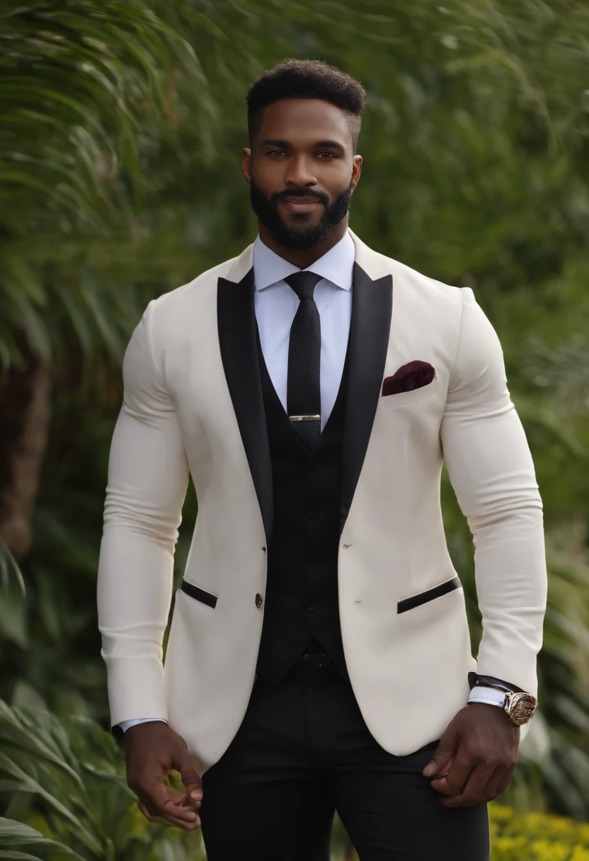Acima、Make a handsome 30-year-old black man in front of the camera, (Use barba,) Attractive and serious look, cabelo preto curto, elegante e elegante, Shave well fitted on suit and strong body, (alta qualidade, imagens realistas), Preto escuro e claro no fundo da imagem, Estilo de filme, ((Qualidade Premier, 8k, tmasterpiece), Ultra High Definition Photo, (lindos rostos detalhados, textura da pele do detalhe, Corpo hiperdetalhado:1.1)