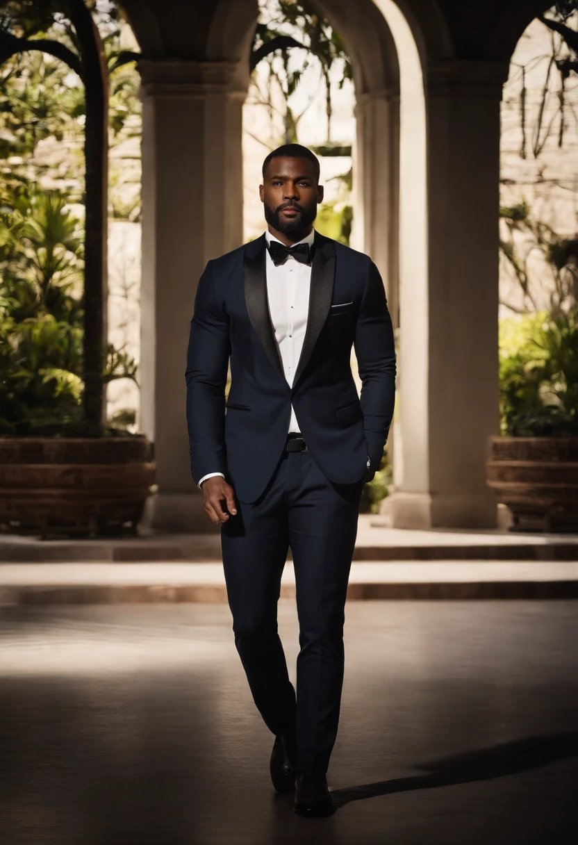 Acima、Make a handsome 30-year-old black man in front of the camera, (Use barba,) Attractive and serious look, cabelo preto curto, elegante e elegante, Shave well fitted on suit and strong body, (alta qualidade, imagens realistas), Preto escuro e claro no fundo da imagem, Estilo de filme, ((Qualidade Premier, 8k, tmasterpiece), Ultra High Definition Photo, (lindos rostos detalhados, textura da pele do detalhe, Corpo hiperdetalhado:1.1)