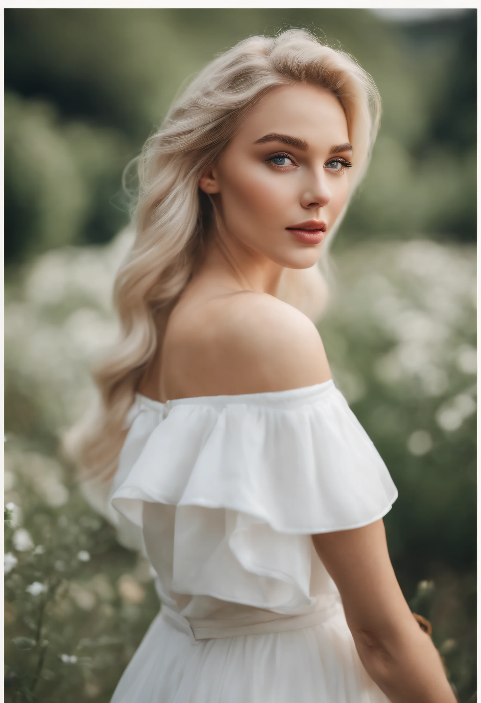 Realistic white Instagram influencer, best quality, Blond, 女の子1人, blaue Augen, in white, enger, kurzes Kleid