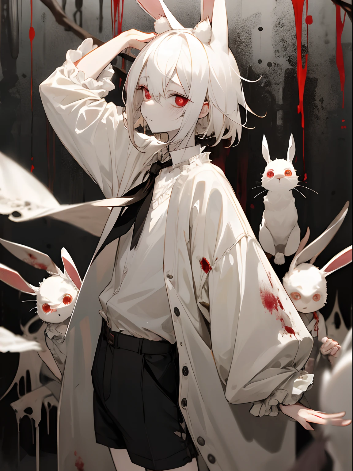 masutepiece, Best Quality, hight resolution, 1boy, cream colored Hair, White hair, Pearl Hair, Lovely boy, Rabbit ears, Loose clothing, oversize clothes, darkred eyes, eye bags, Dark circles under the eyes, yami kawaii, fluffy hair, voluminous hair, skinny, slim, Very skinny, androgyny, Cute, creepy, Short hair, Horror, faded colors, White skin, creepy, Unnaturally thin, starving, Eyes, Eyes in the background, Sharp eyes, long eyelashes, Under the lashes, Loose shorts, Lace Shirt, frill shirt, Bow around the neck, Detailed clothing, Loose cardigan, open cardigan, dripping blood, vhorrified, Nightmare, haunted, stitched, Patchwork, Strings, harm, Hell, Arm injury, Self-injurious behavior, Cuts, Black fingers, factories, Abandoned, dismembered、White wallpaper、white backgrounid