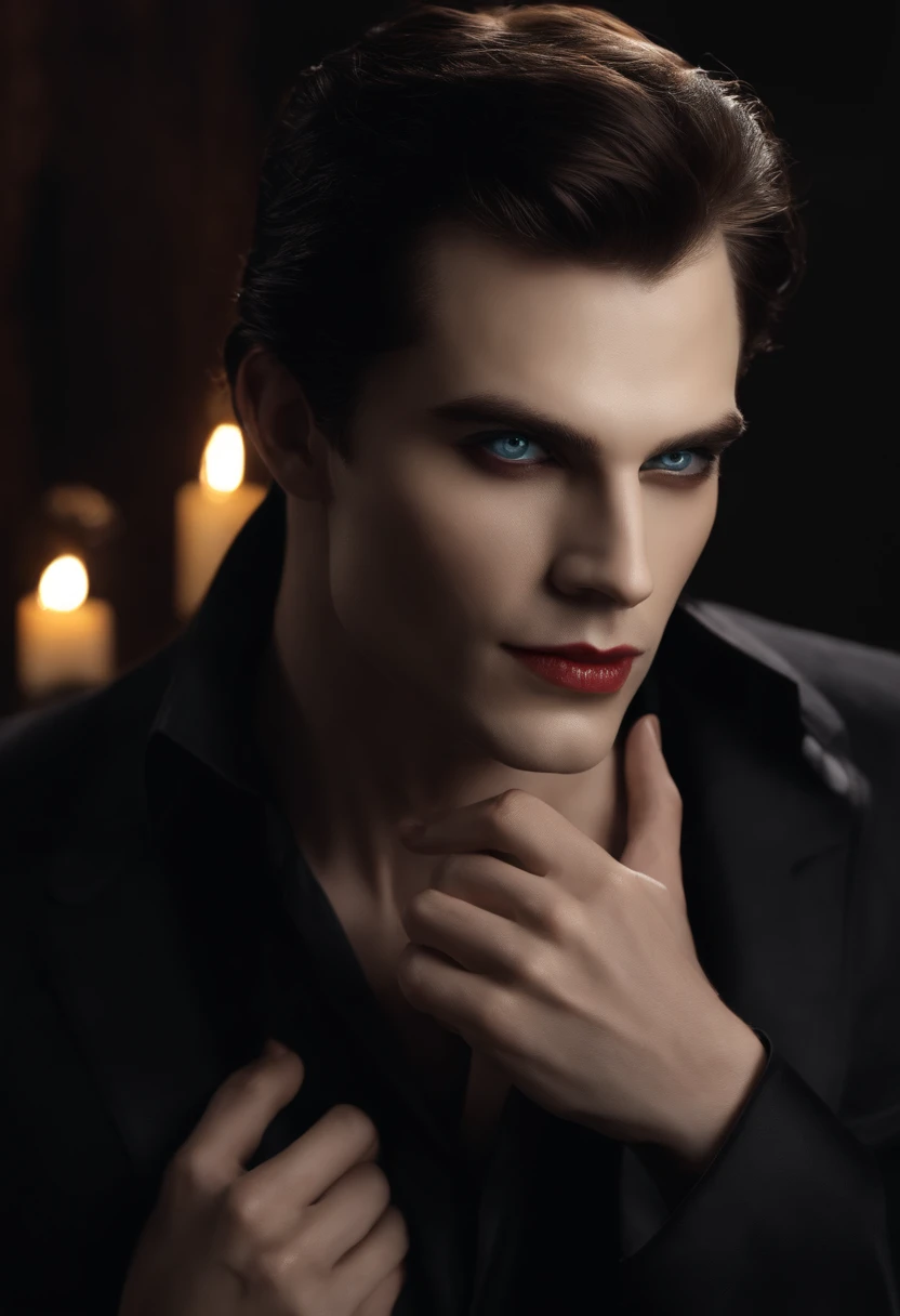 ((master part)), ultra-realistic, Portrait of a handsome pale-skinned vampire with (Esmalte preto), uma maquiagem escura profunda, olhos azuis brilhantes, em um ambiente escuro e sombrio. (Prompt is in Portuguese)