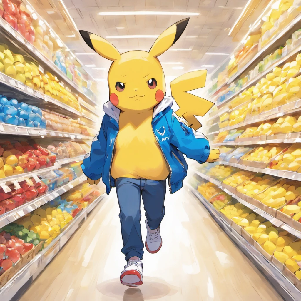 Pokémon: Pikachu wears a white shirt, blue jacket, There are also blue jeans and white sneakers,Take the shopping basket to the supermarket
