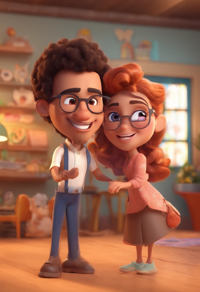An illustration of an adorable couple, Highlighting a chubby mulatto man wearing glasses smiling and a brunette woman with beautiful expressive eyes - the man's skin is mulatto and the man's hair haswhile the woman's skin is black and the woman's hair is straight and brown. They are a bright room, cada um com um sorriso no rosto, e compartilhar um momento especial caracterizado pelo amor, Insights. Illustrate this scene from a perspective where they are facing the camera, Smiling and Showing Your Connection. Desenvolva esta arte em Full HD, Focus on your cinematic touch, Estilo Disney Pixar Animations