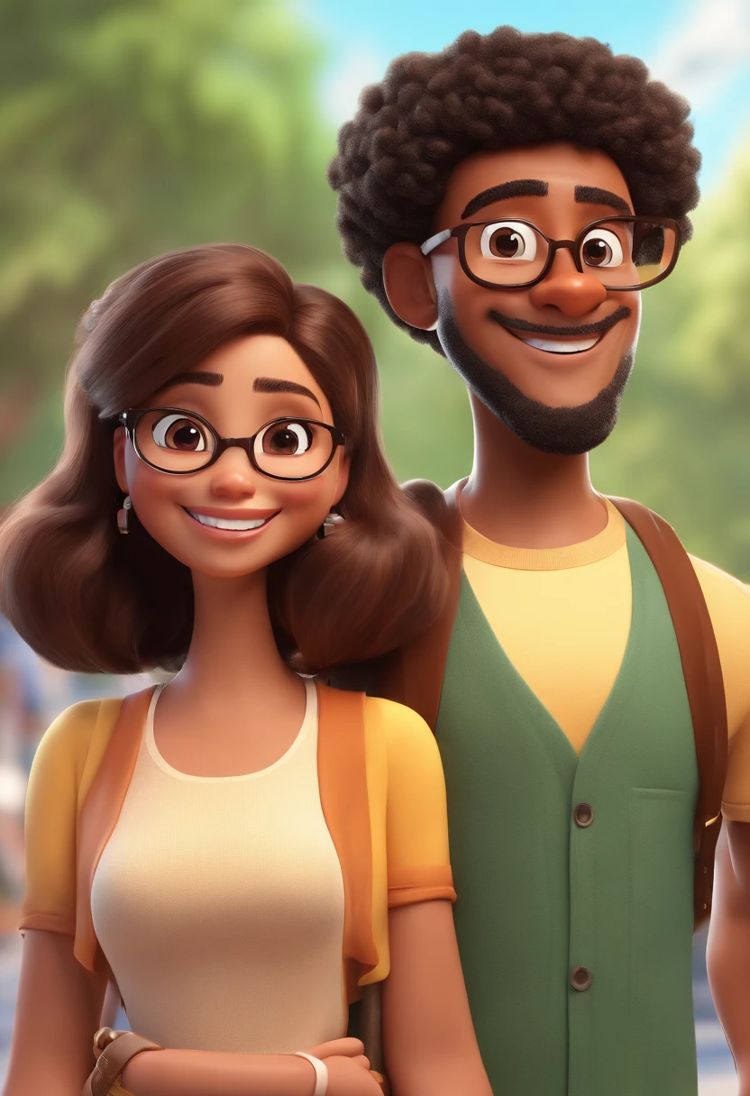 An illustration of an adorable couple, Highlighting a chubby mulatto man wearing glasses smiling and a brunette woman with beautiful expressive eyes - the man's skin is mulatto and the man's hair haswhile the woman's skin is black and the woman's hair is straight and brown. They are a bright room, cada um com um sorriso no rosto, e compartilhar um momento especial caracterizado pelo amor, Insights. Illustrate this scene from a perspective where they are facing the camera, Smiling and Showing Your Connection. Desenvolva esta arte em Full HD, Focus on your cinematic touch, Estilo Disney Pixar Animations