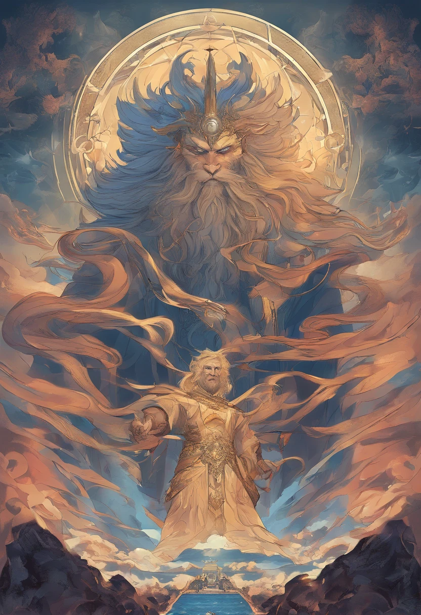 best qualtiy，hyper-detailing，realisticlying：1.37，sportrait，whaite hair，Zeus with mature face，[strong，The cleavage protrudes，musculous]，[wisdom，powerful，A majestic]，[A deep，sharp sharp eyes]，[A majestic，Flowing beard]，[The cleavage protrudes，defined cheekbones]，[Homem-Imponente，Imperial expression]，[A god-like aura]，Stormy weather，thunderclap，mostly cloudy sky，Ancient Greek mythology，God and the divine ruler of man，Rule the heavens，[gold crown，Shines with the light of authority]，[robe，Fluttering in the wind]，[Thunderous sound，Echoes in the sky]，mountain peaks，Olive wreath，Marble Temple，eletric，strength，All-knowing and all-powerful God，Contrasting shades，Dark lines，Subtle color palette，mythological creatures，Salama，destructive forces，Nature's wrath，Heavenly，immortal，Wisdom and justice，Looking down on the mortal world，Instill fear and awe，Father of the gods，brightly、Vibrant skies，Holding a scepter，Exudes raw power and dominance，Almighty ruler of Mount Olympus，Very much like a wise and powerful king，The divine light illuminated his existence，Thunderous sound，Roaring like thunder，An aura of overwhelming strength and wisdom，The overall color changes to blue，Standing in the middle of the sea