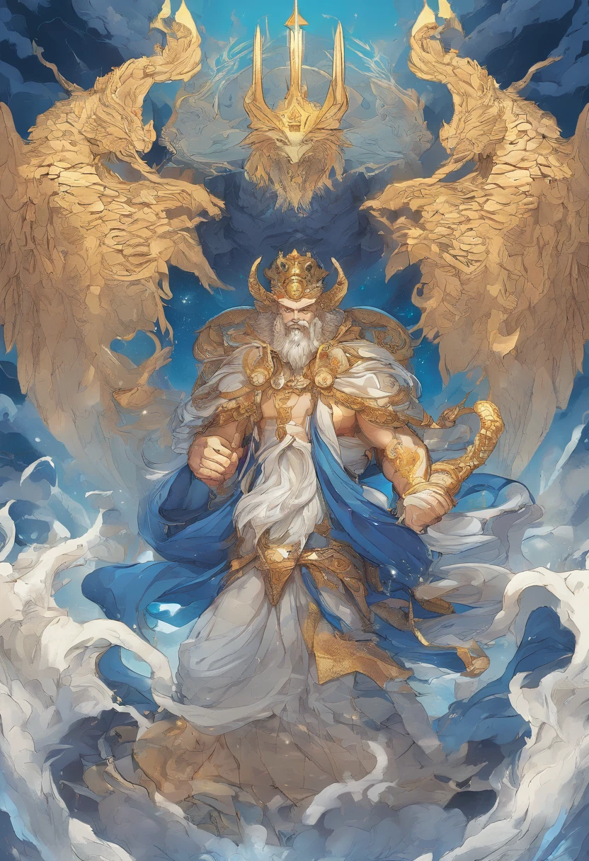 best qualtiy，hyper-detailing，realisticlying：1.37，sportrait，whaite hair，Zeus with mature face，[strong，The cleavage protrudes，musculous]，[wisdom，powerful，A majestic]，[A deep，sharp sharp eyes]，[A majestic，Flowing beard]，[The cleavage protrudes，defined cheekbones]，[Homem-Imponente，Imperial expression]，[A god-like aura]，Stormy weather，thunderclap，mostly cloudy sky，Ancient Greek mythology，God and the divine ruler of man，Rule the heavens，[gold crown，Shines with the light of authority]，[robe，Fluttering in the wind]，[Thunderous sound，Echoes in the sky]，mountain peaks，Olive wreath，Marble Temple，eletric，strength，All-knowing and all-powerful God，Contrasting shades，Dark lines，Subtle color palette，mythological creatures，Salama，destructive forces，Nature's wrath，Heavenly，immortal，Wisdom and justice，Looking down on the mortal world，Instill fear and awe，Father of the gods，brightly、Vibrant skies，Holding a scepter，Exudes raw power and dominance，Almighty ruler of Mount Olympus，Very much like a wise and powerful king，The divine light illuminated his existence，Thunderous sound，Roaring like thunder，An aura of overwhelming strength and wisdom，The overall color changes to blue，Standing in the middle of the sea