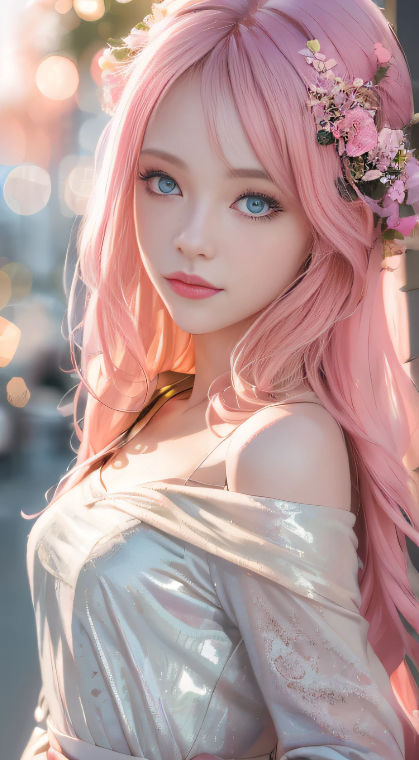 young woman pale skin, long bubblegum pink hair, pink eyebrows, big jade green eyes, buttoned nose, peach lips, small breasts, wide forehead, flower and butterfly kimono, Sakura Haruno, realistic, 3d
