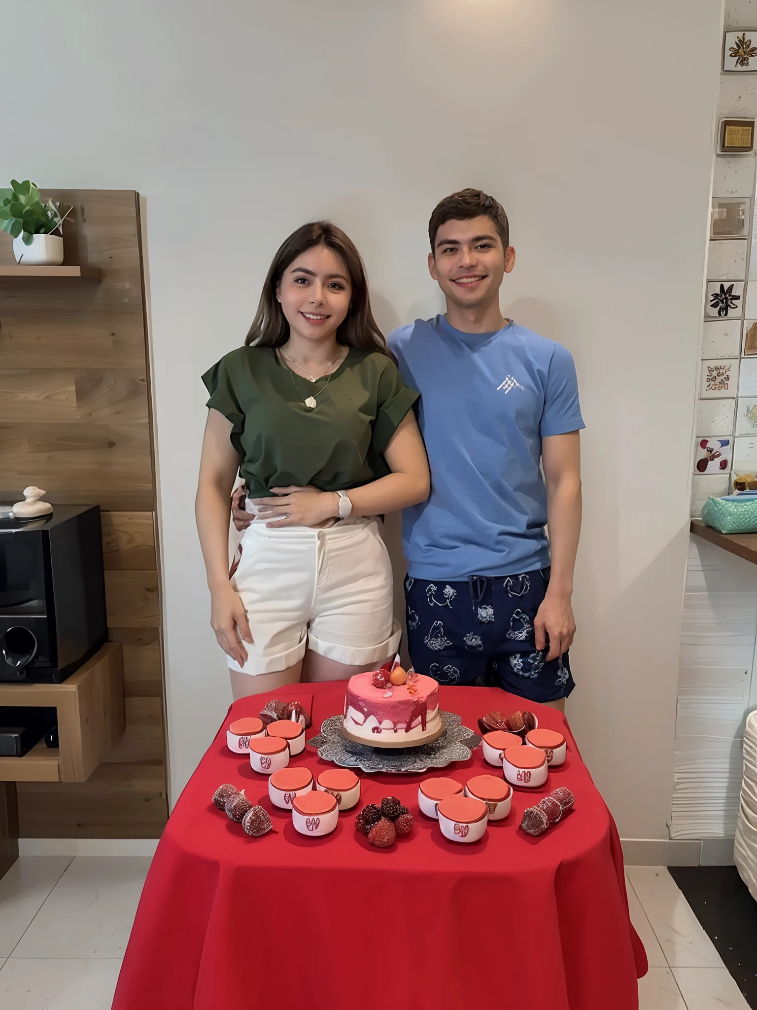 They're standing in front of a table with a cake and cupcakes, Directed by: Nandor Soldier, Lovely couple, 1614572159, julia fuentes, Casal feliz, Directed by: David Ruby, crescimento de um casal, ele tem cerca de 2 5 anos de idade, Directed by: Rhea Carmi, par, ele tem cerca de 20 anos