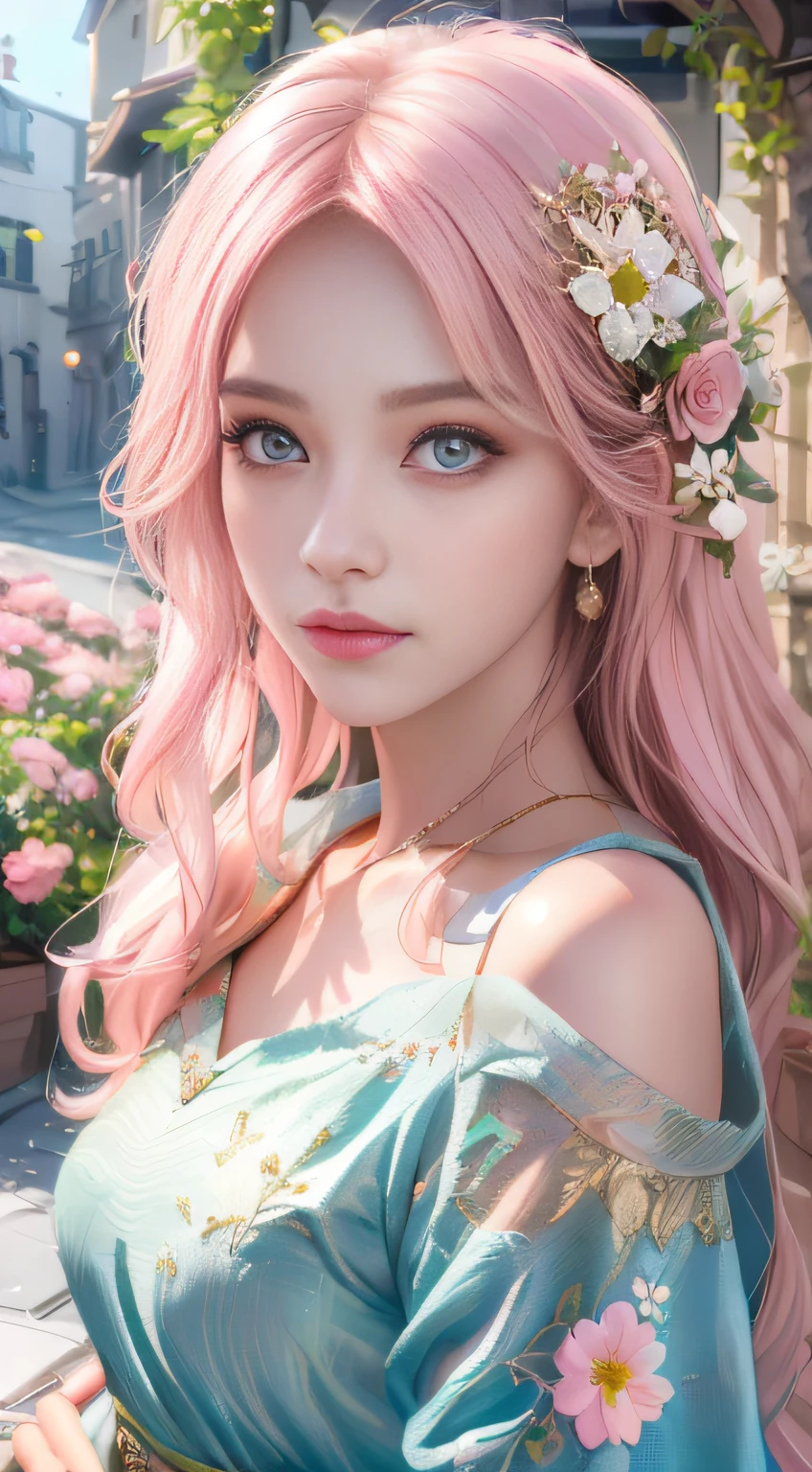best qualtiy,tmasterpiece,hight resolution,1girll,dingdall effect,realisticlying,edge lit,two tone lighting,(highdetailskin:1.2),8K UHD,pure,Dolce,flowers background,Colorful background,Based on physical rendering,Perfect Light and Shadow,extreme hight detail,Pink tones,eye reflections,Raised sexy,perfect bodies,Superb Beauty,largeeyes,long eyelasher,Delicate eyes,big shiny eyes,Small pupil reflex,Shoulder and neck details,The texture of the pupil is delicate,Perfect eyes,black pupils,best qualtiy,A pink-haired、tmasterpiece,16 K,a picture,head portrait,Bigchest,long-sleeve,Take care of your chest,Large breasts,Delicate avatars