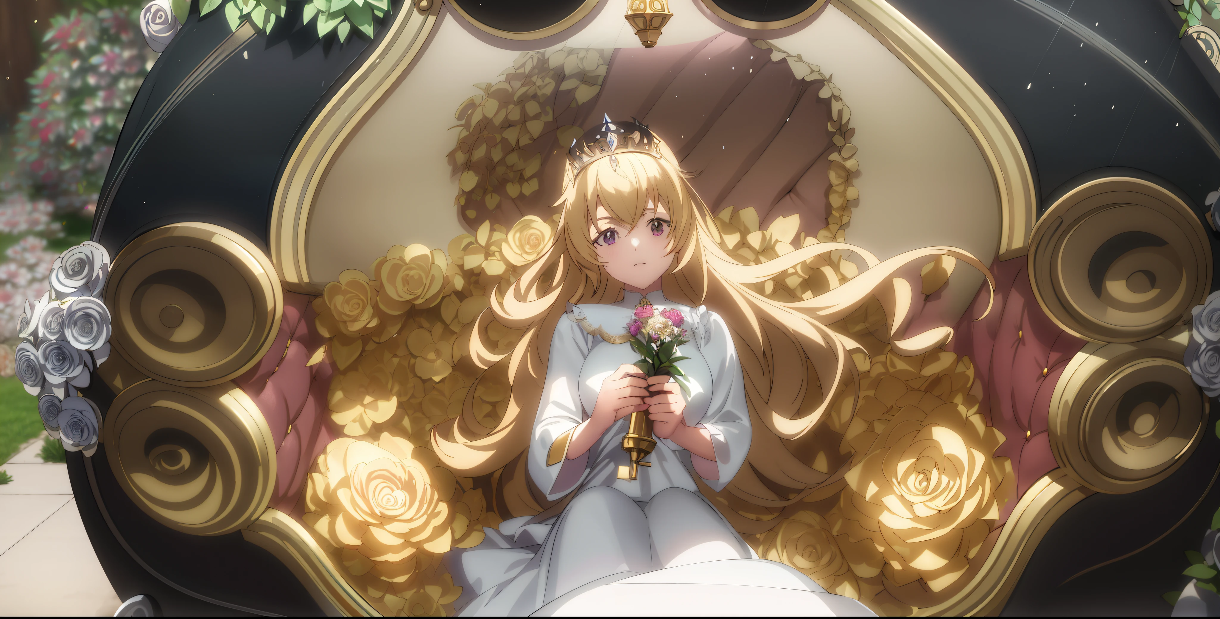 Anime - a stylish image of a woman sitting in a carriage holding flowers, Kushatt Krenz Key Art Women, granblue fantasy, blond-haired princess,  in dress, Splash art anime Loliincess portrait, royal elegant pose, Detailed key anime art, ((a beautiful fantasy empress)), Blonde anime girl with long hair, beatrice blue, portrait of lolita