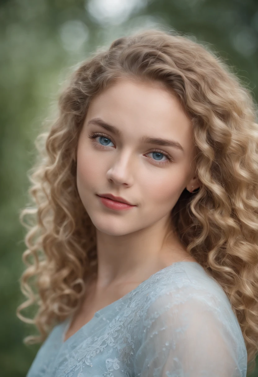 "Full length portrait of charming 18-year-old woman with curly light hair, kleine Figur, Beautiful face, Fesselnde blaue Augen, und bescheidene Oberweite, Bring out your natural beauty."