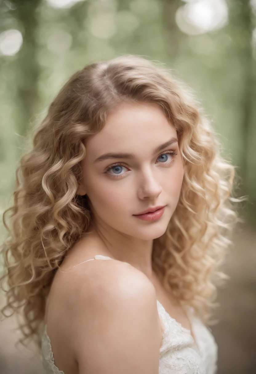 "Full length portrait of charming 18-year-old woman with curly light hair, kleine Figur, Beautiful face, Fesselnde blaue Augen, und bescheidene Oberweite, Bring out your natural beauty."