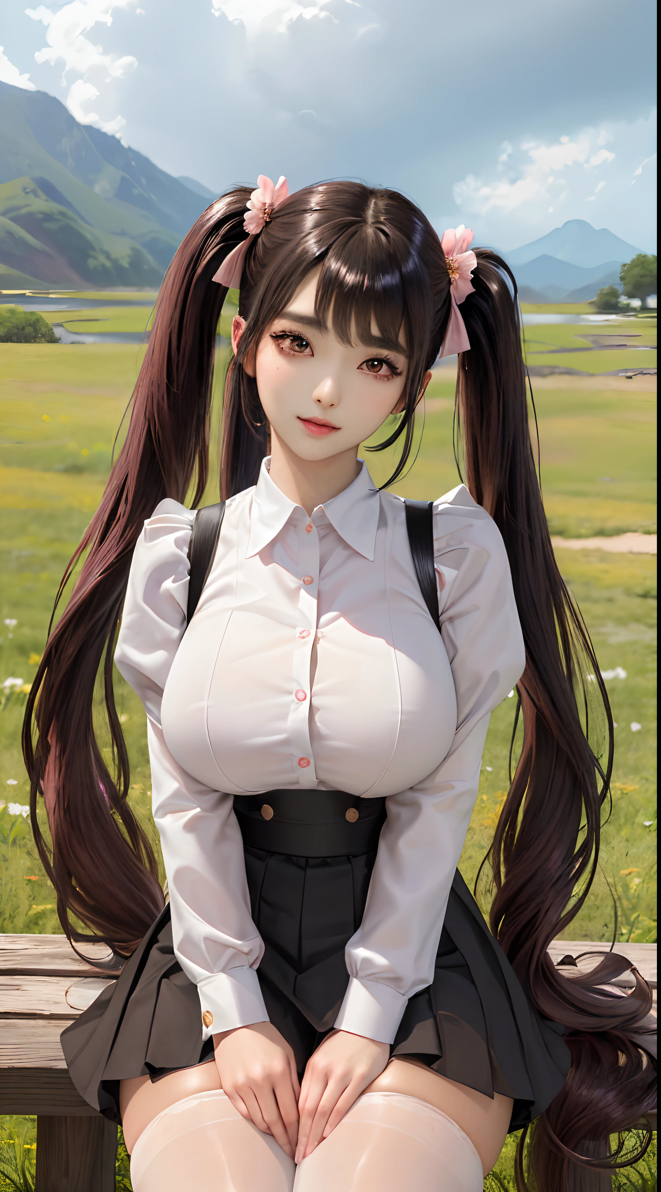 RAW, 1girl, solo, colorful, (masterpiece, best quality:1.3), (absurdres:1.3), (photorealistic:1.3), (detailed skin:1.3, detailed face:1.3), sitting, looking at viewer,
sharp focus, delicate, (beautiful cute korean_girl:1.3), (ulzzang-6500:0.2),
(huge breasts:1.3, thick thighs:1.2, narrow :1.1),
(shiny skin:1.4), light smile,
(black_very_long_twintails:1.3),(big_eyes:1.2, brown_eyes), (brown_gloss_eyeshadow:1.2), pink_lips,
white frilled shirt, beige_suspender skirt / black_pantyhose,
willow, wooden bench, flower, grass, lake, (cloudy sky:1.3), (rain:0.5), pink hair, red skirt