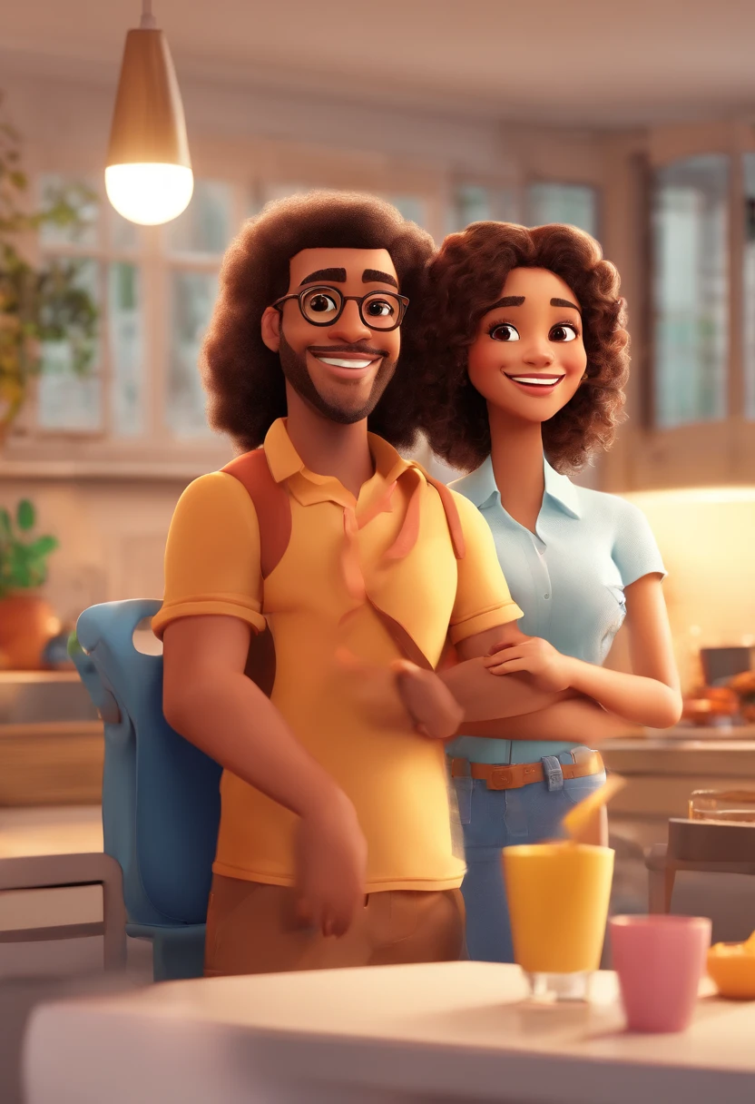 An illustration of an adorable couple, Highlight for a chubby mulatto man with glasses smiling and a brunette woman with beautiful expressive eyes - the man's skin is mulatto and the man's hair haswhile the woman's skin is black and the woman's hair is straight and brown. They are a bright room, cada um com um sorriso no rosto, e compartilhar um momento especial caracterizado pelo amor, Insights. Illustrate this scene from a perspective where they are facing the camera, Smiling and Showing Your Connection. Desenvolva esta arte em Full HD, Focus on your cinematic touch, Estilo Disney Pixar Animations