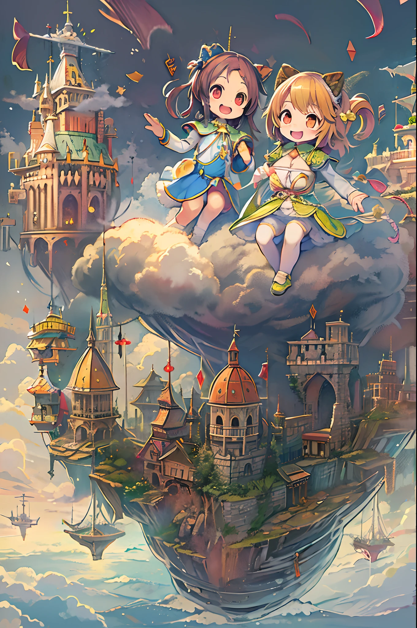 Flying castle, Full of air,Two girls、huge smile