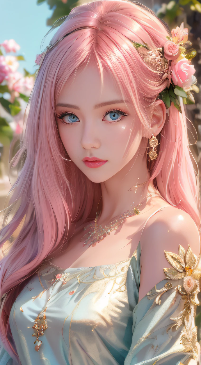 best qualtiy，tmasterpiece，hight resolution，1girll，dingdall effect，realisticlying，edge lit，two tone lighting，（highdetailskin：1.2），8K UHD，pure，Dolce，flowers background，Colorful background，Based on physical rendering，Perfect Light and Shadow，extreme hight detail，Pink tones，eye reflections，Raised sexy，perfect bodies，Superb Beauty，largeeyes，long eyelasher，Delicate eyes，big shiny eyes，Small pupil reflex，Shoulder and neck details，The texture of the pupil is delicate，Perfect eyes，black pupils，best qualtiy，A pink-haired、tmasterpiece，16 K，a picture，head portrait，Bigchest，long-sleeve，Take care of your chest，Large breasts，Delicate avatars