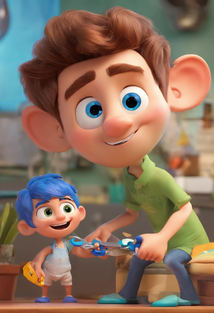 Estilo Pixar: The grown man is holding a naked blue-eyed boy and in his other hand he is holding a pair of scissors and is trying to cut off the boy's testicles,3D Poster,Disney