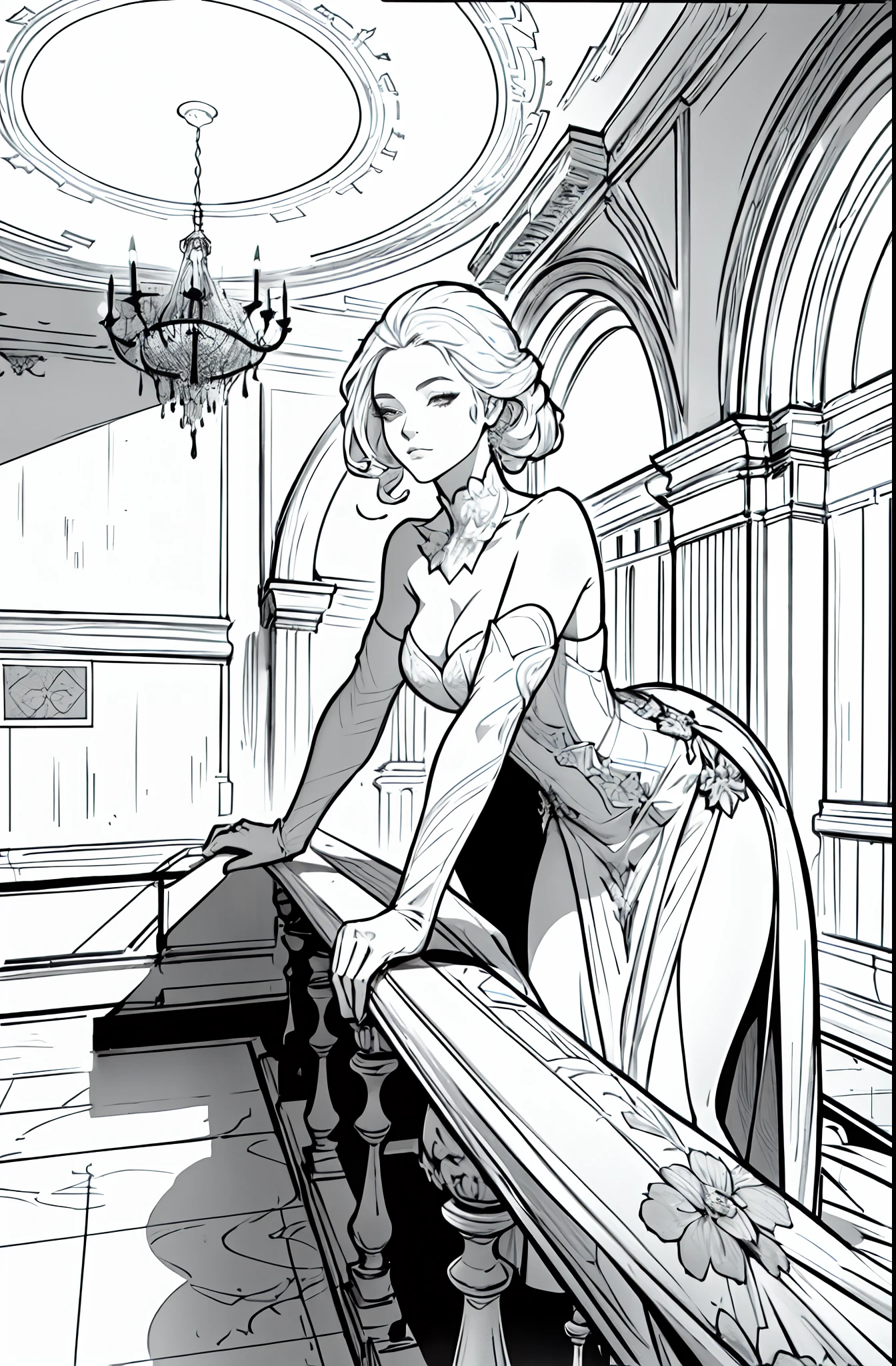 1girl solo dressed in white dress and red gloves leaning on railing, elegant glamorous ; moody illustration, white haired lady, elegant lady with alabaster skin, monochrome, line art, lineart