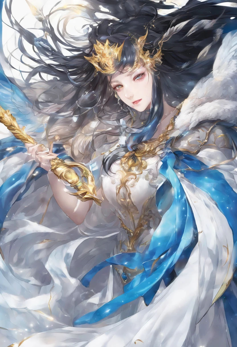 best qualtiy，hyper-detailing，realisticlying：1.37，sportrait，whaite hair，Zeus with mature face，[strong，The cleavage protrudes，musculous]，[wisdom，powerful，A majestic]，[A deep，sharp sharp eyes]，[A majestic，Flowing beard]，[The cleavage protrudes，defined cheekbones]，[Homem-Imponente，Imperial expression]，[A god-like aura]，Stormy weather，thunderclap，mostly cloudy sky，Ancient Greek mythology，God and the divine ruler of man，Rule the heavens，[gold crown，Shines with the light of authority]，[robe，Fluttering in the wind]，[Thunderous sound，Echoes in the sky]，mountain peaks，Olive wreath，Marble Temple，eletric，strength，All-knowing and all-powerful God，Contrasting shades，Dark lines，Subtle color palette，mythological creatures，Salama，destructive forces，Nature's wrath，Heavenly，immortal，Wisdom and justice，Looking down on the mortal world，Instill fear and awe，Father of the gods，brightly、Vibrant skies，Holding a scepter，Exudes raw power and dominance，Almighty ruler of Mount Olympus，Very much like a wise and powerful king，The divine light illuminated his existence，Thunderous sound，Roaring like thunder，An aura of overwhelming strength and wisdom，The overall color changes to blue，Standing in the middle of the sea