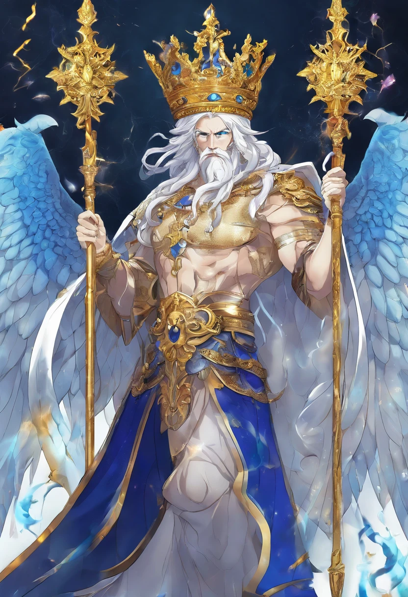best qualtiy，hyper-detailing，realisticlying：1.37，sportrait，whaite hair，Zeus with mature face，[strong，The cleavage protrudes，musculous]，[wisdom，powerful，A majestic]，[A deep，sharp sharp eyes]，[A majestic，Flowing beard]，[The cleavage protrudes，defined cheekbones]，[Homem-Imponente，Imperial expression]，[A god-like aura]，Stormy weather，thunderclap，mostly cloudy sky，Ancient Greek mythology，God and the divine ruler of man，Rule the heavens，[gold crown，Shines with the light of authority]，[robe，Fluttering in the wind]，[Thunderous sound，Echoes in the sky]，mountain peaks，Olive wreath，Marble Temple，eletric，strength，All-knowing and all-powerful God，Contrasting shades，Dark lines，Subtle color palette，mythological creatures，Salama，destructive forces，Nature's wrath，Heavenly，immortal，Wisdom and justice，Looking down on the mortal world，Instill fear and awe，Father of the gods，brightly、Vibrant skies，Holding a scepter，Exudes raw power and dominance，Almighty ruler of Mount Olympus，Very much like a wise and powerful king，The divine light illuminated his existence，Thunderous sound，Roaring like thunder，An aura of overwhelming strength and wisdom，The overall color changes to blue，Standing in the middle of the sea