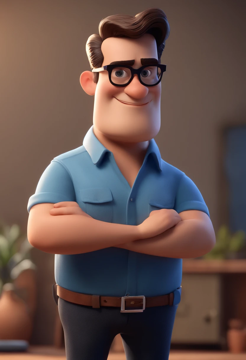 Cartoon character of a man with black glasses and a blue shirt, animation character, Caractere estilizado, animation style rendering, 3D estilizado, Arnold Maya render, 3 d render stylized, toon render keyshot, Personagem 3D, Personagem 3D, 3d rendering stylized, 3 d character render, personagem de desenho animado, Personagem de close up, Pose de personagem, (Estilo Pixar) (master part:1.2) (Bokeh) (best quality) (pele detalhada) (textura detalhada) (8k) (argila) (Cinematic lighting) (foco nítido