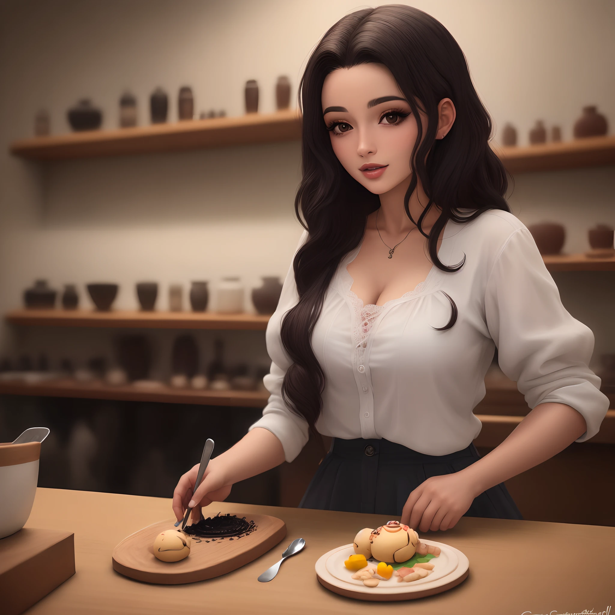 Mulher branca, cabelo grande preto, usando avental, sentada em uma mesa de artesanato. Segurando um bonequinho modelado