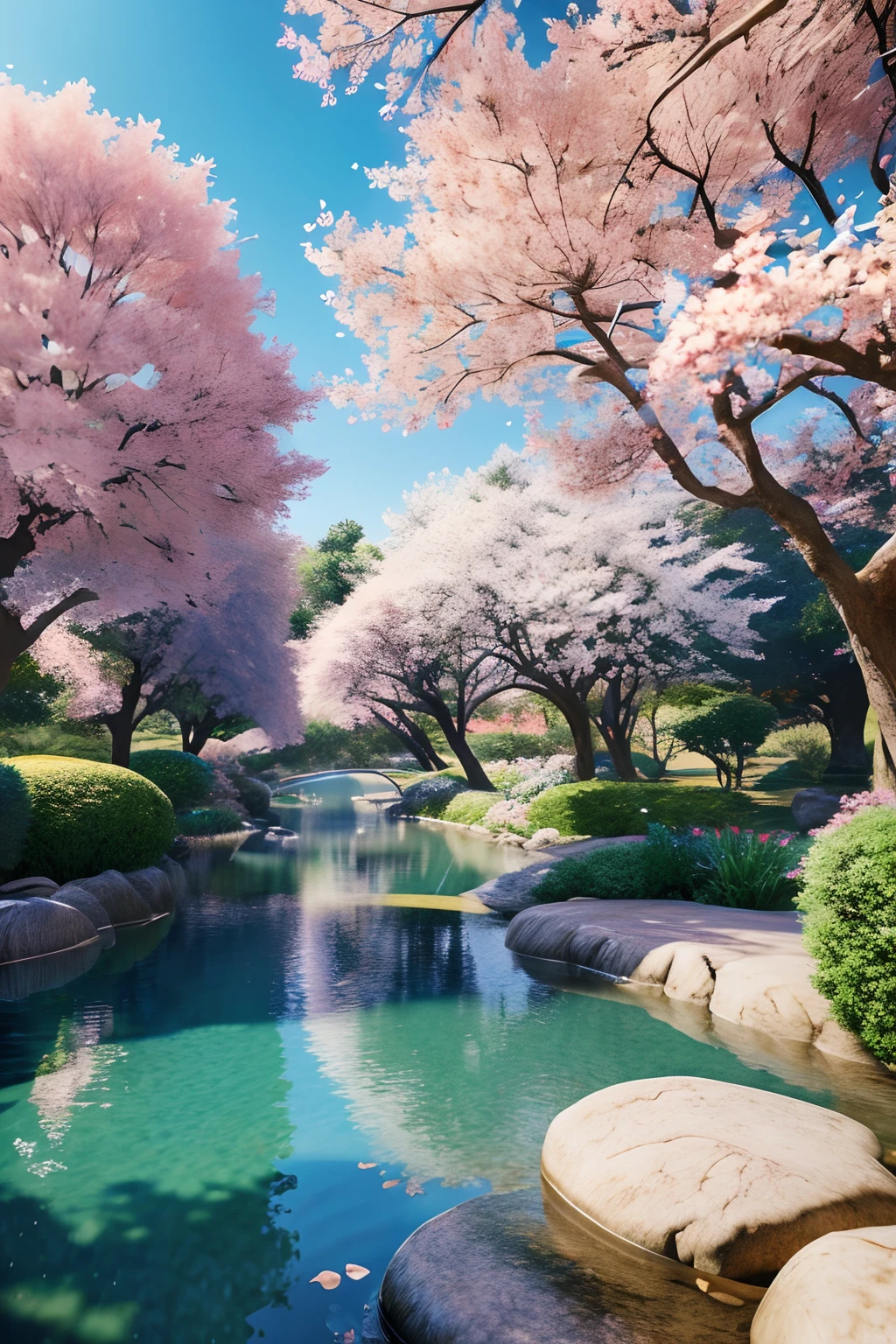 masutepiece, Best Quality, (Very detailed CG Unity 8K wallpaper) (Best Quality), (Best Illustration), (Best Shadows) Vibrant colors, dense woods, Water, natural beauty, An oasis of peace , cherry trees, Blue Skyray Tracing, Ultra Detailed - V6