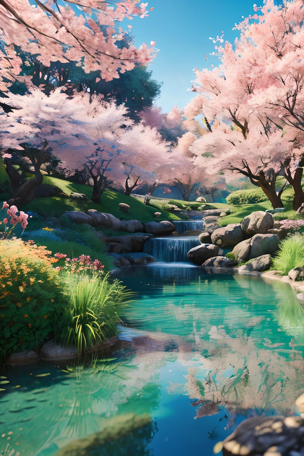 masutepiece, Best Quality, (Very detailed CG Unity 8K wallpaper) (Best Quality), (Best Illustration), (Best Shadows) Vibrant colors, dense woods, Water, natural beauty, An oasis of peace , cherry trees, Blue Skyray Tracing, Ultra Detailed - V6