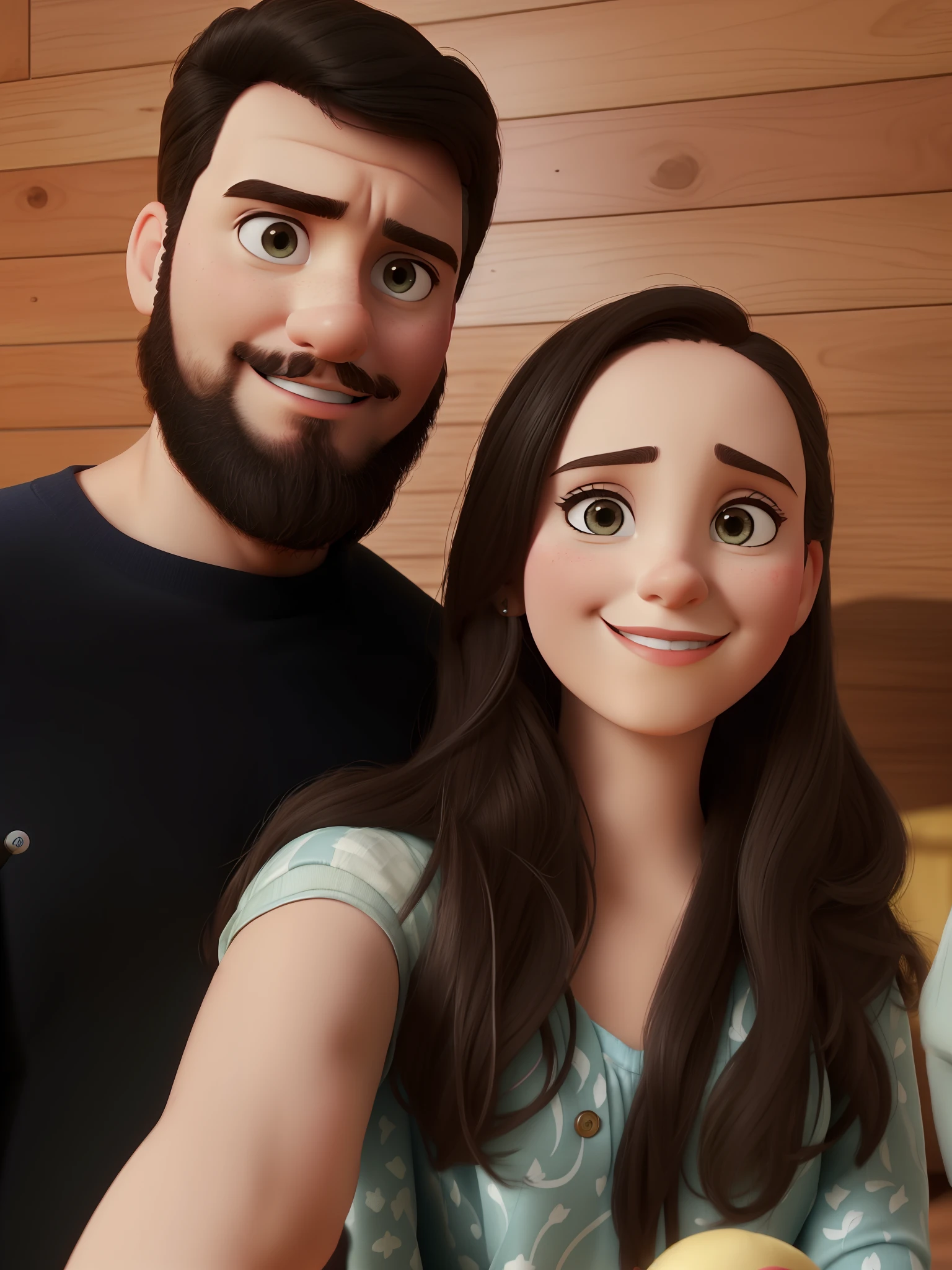 Nos estilo disney pixar, there is a man and a woman that are posing for a picture, Directed by: Nandor Soldier, Retrato tirado 8 K, imagem de qualidade muito baixa, retrato de casais, retrato de casal, Retrato de duas pessoas felizes